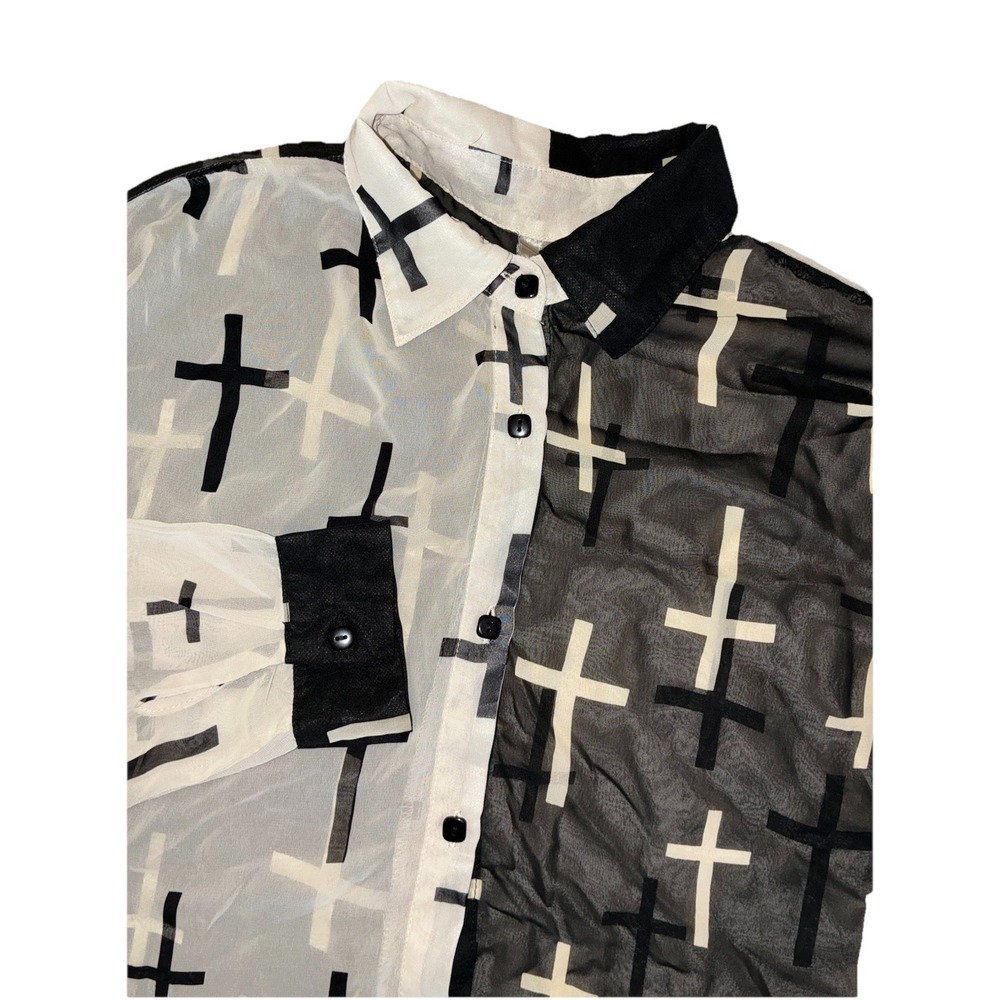 Mona B Blouse Women's S Black/Beige Color Block Crosses High Low Sheer Vtg Y2K